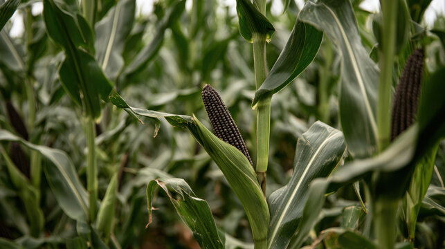 Purple corn growing on tall green maize plants in agricultural field ready for harvest