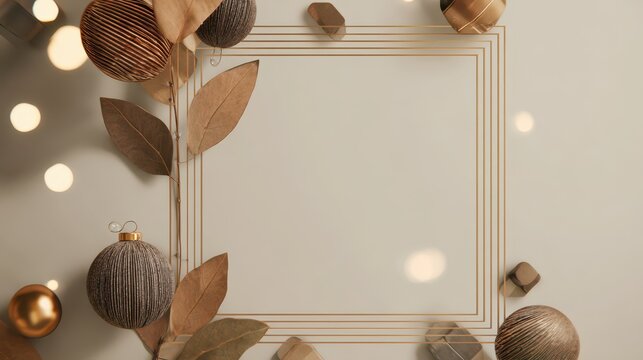 Neutral gold frame with leaves and baubles for christmas and new year greeting card layout or elegant holiday background and poster
