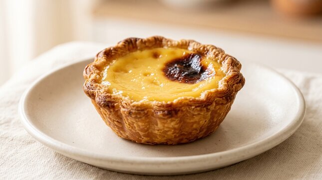 Egg tart sitting on a small white ceramic plate displayed nicely on a rustic wooden tabletop.