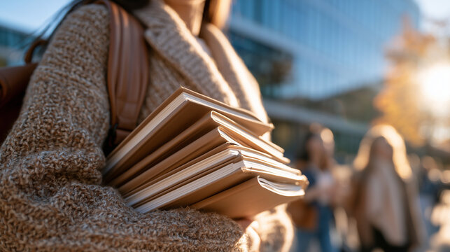 Castudent holding books stack, back to school concept, college student with notebooks, education and learning lifestyle, university campus student life, student ready for classes, academic success