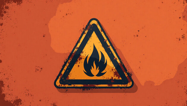 Grunge fire hazard warning triangle sign on rusty orange background. Flammable danger symbol with distressed texture and copy space