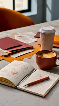 A table with a notebook pen and coffee cup