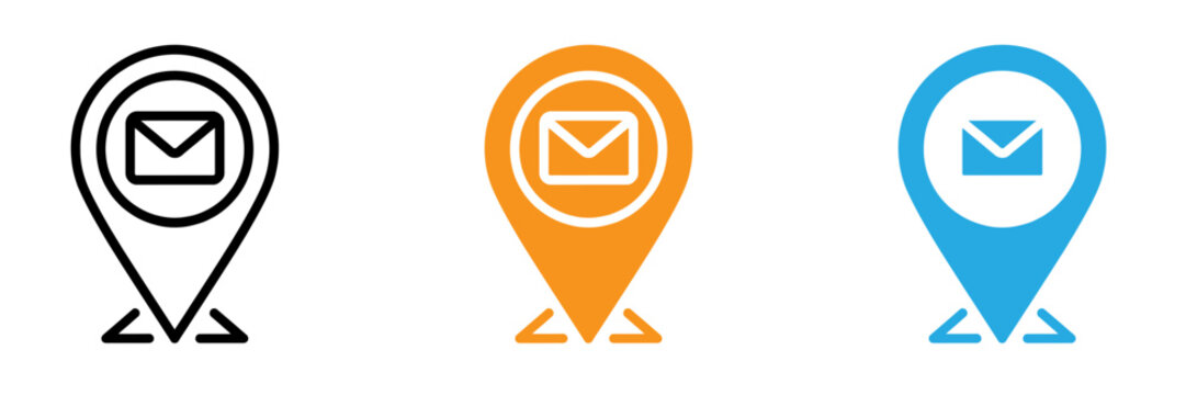 Set of three map location pin icons with mail envelope symbols for navigation and communication design