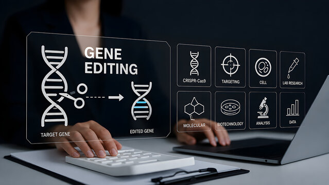 Gene editing concept showing CRISPR Cas9 target gene and edited gene transformation on virtual holographic screen
