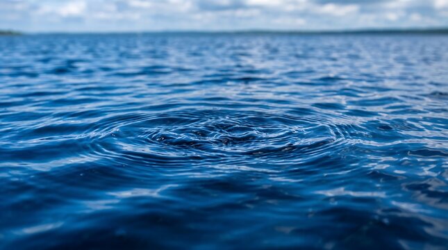 Close up view of concentric ripples spreading across the deep blue water surface