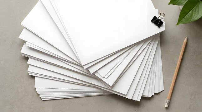 Stack of blank white paper sheets with a binder clip and a pencil