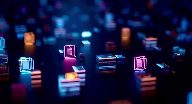 Conceptual animation showing glowing neon document icons moving across a dark background. Representing digital data storage. Information transfer. Big data processing