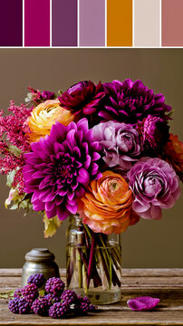 A vase of colorful flowers with purple and orange blooms sitting on a wooden table with a jar of purple berries beside it