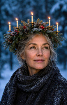 Mature Woman Wearing Candlelit Christmas Wreath in Snowy Forest