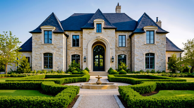A large two-story house with a stone facade a prominent arched entryway and a well-manicured lawn
