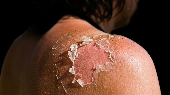 Person with severe sunburn and peeling skin on their shoulder after sun exposure