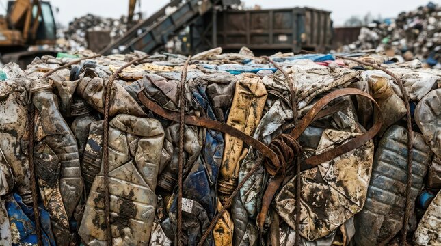 Close-up compressed plastic bales in outdoor recycling yard for industrial background and waste management banner design