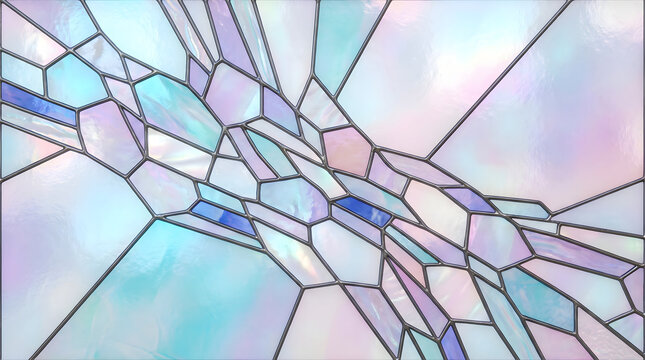 abstract stained glass architectural window panel with geometric mosaic and opalescent pastel colors