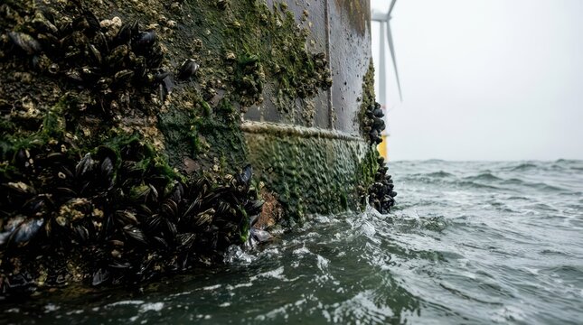 Close-up seaside wind turbine support leg with mussel colony and algae with distant rotor for industrial coastal energy background and environmental study