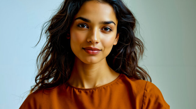 A woman with dark hair and brown eyes wearing an orange top