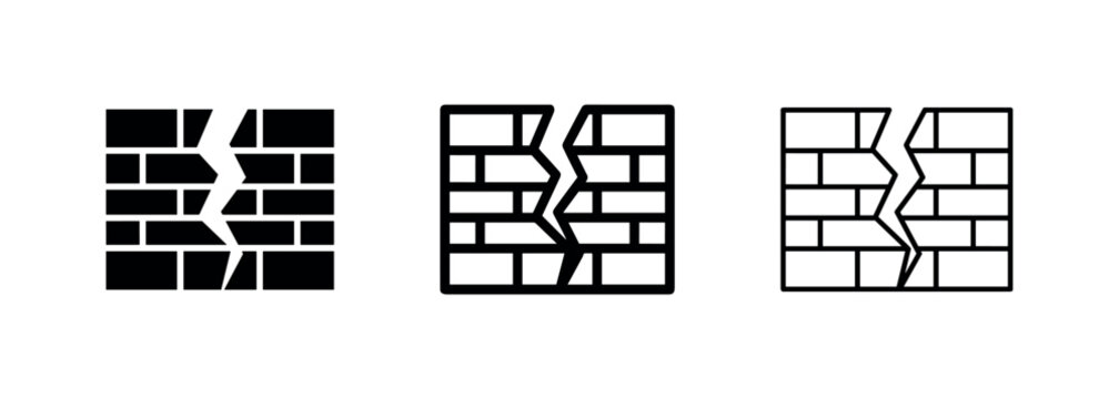 Cracked brick wall icons set for destruction and broken barrier concept