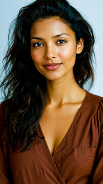 A woman with dark hair and brown eyes wearing a brown top