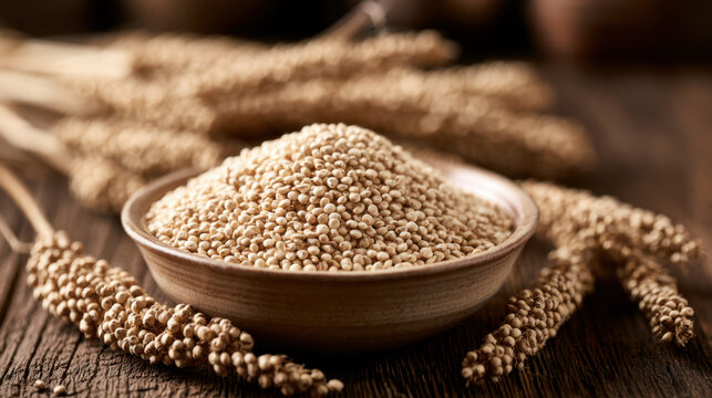 Raw sorghum grain piled in a rustic ceramic bowl surrounded by mature sorghum seed heads on a dark wooden surface