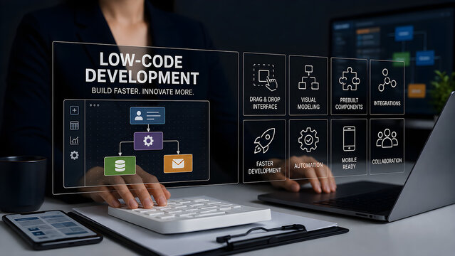 Low-code development concept build faster innovate more with visual workflow builder interface on holographic screen