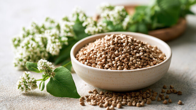 Raw buckwheat groats in a ceramic bowl beside green buckwheat leaves and clusters of delicate white flowers on a light surface