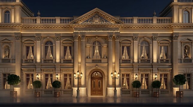 beautiful design of classic building facade with lighting at night
