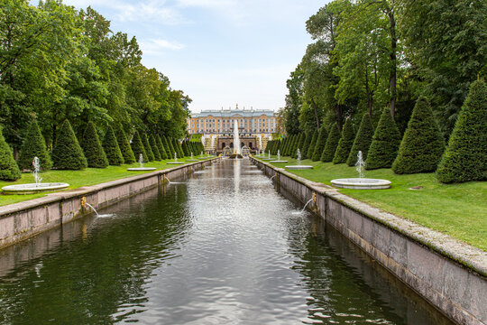 Grand Cascade and Grand Palace of the Palace and Park Ensemble in Peterhof, St. Petersburg, Russia