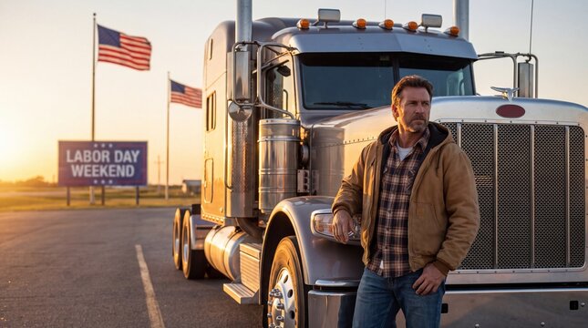 Professional truck driver standing by his semi truck at sunset during Labor Day weekend.