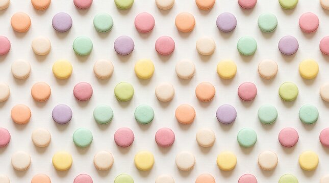 Macarons aligned in a precise geometric grid pattern on a plain neutral backdrop.