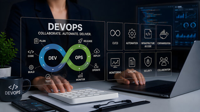 DevOps concept collaborate automate deliver with dev ops infinity loop and software lifecycle icons on virtual screen