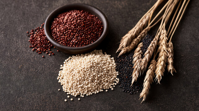 Red white and black quinoa grains displayed with dried seed heads on a dark rustic surface