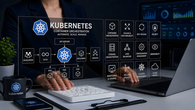 Kubernetes container orchestration concept automate scale manage with cluster deployment diagram on holographic screen