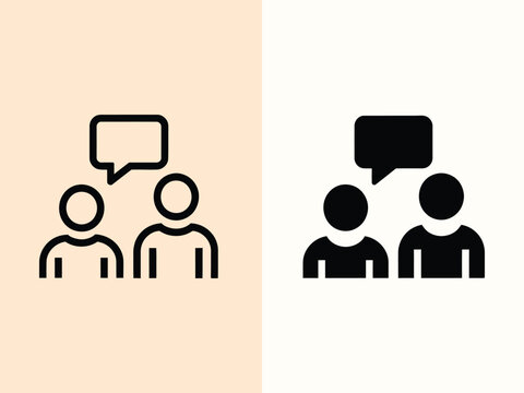 Set of linear and solid silhouette icons representing people talking with speech bubbles