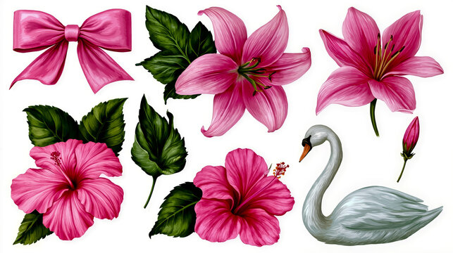 A digital illustration featuring a collection of pink flowers with green leaves a pink bow and a white swan