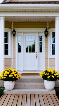 A front door of a house with a white frame flanked by two white columns and a wooden porch with a yellow flower pot on each side