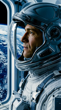 A man in a space suit looking out of a spacecraft window at the Earth