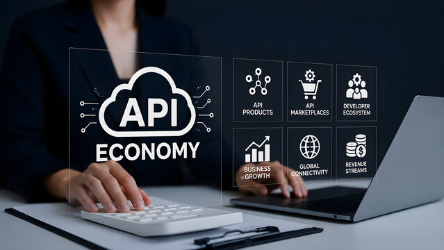 API economy concept with cloud API icon and developer ecosystem business growth icons on transparent holographic screen