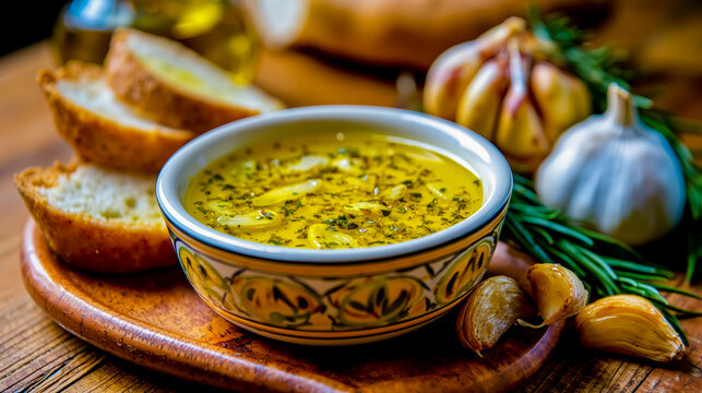 A bowl of soup with herbs and garlic on a wooden table