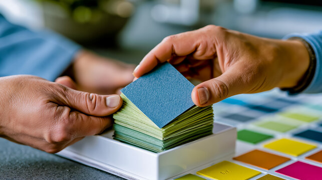 Two hands are holding a blue and green paper square over a white box