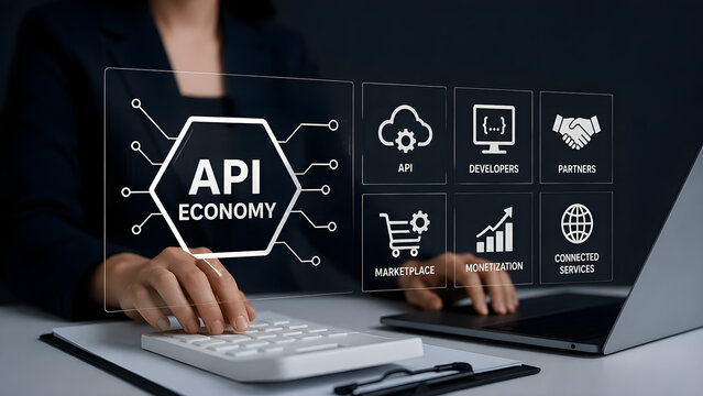 API economy concept with hexagonal API network node and marketplace monetization partner icons on holographic display