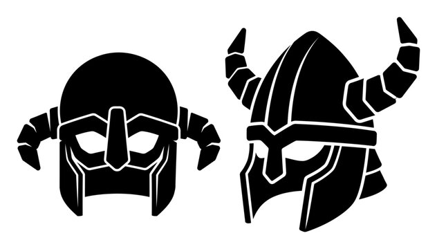 Viking helmet vector set, medieval warrior headgear collection, horned Norse helmet design, black silhouette warlock headwear, ancient battle protector icon, historical warrior gear symbol