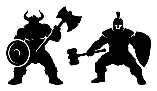 Historical warriors silhouette set. Viking and Spartan fighting scenes. Ancient battle combat illustrations. Horned helmet warrior and gladiator silhouettes. Medieval fighting game assets.