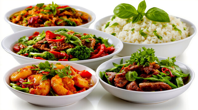 A close-up photograph of six white bowls filled with various Asian dishes including rice meat vegetables and herbs