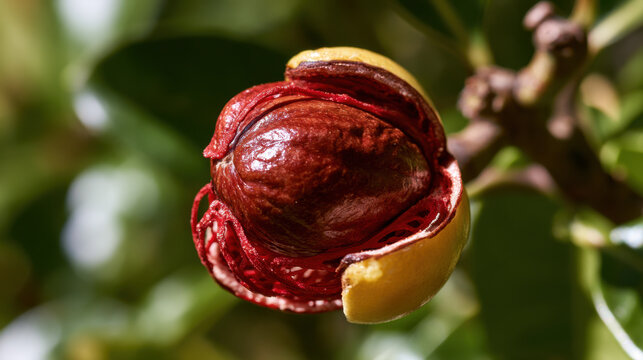 Ripe nutmeg fruit split open on the tree revealing a glossy brown seed wrapped in vivid red mace inside a yellow husk