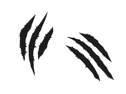 Black claw scratch marks set with sharp curved slashes and rough distressed edges. Bold animal claw effects suit horror, gaming, tattoos, posters, logos, and dark graphic designs. Vector illustration.