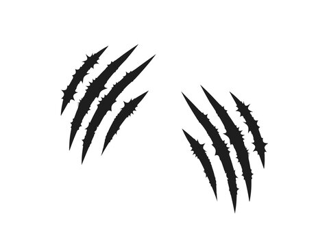 Black claw scratch marks set with sharp curved slashes and rough distressed edges. Bold animal claw effects suit horror, gaming, tattoos, posters, logos, and dark graphic designs. Vector illustration.