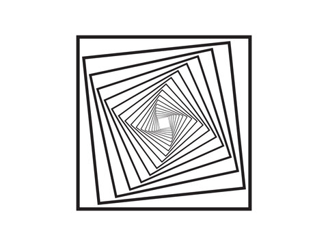 Abstract nested square spiral frame pattern in black and white. Rotating geometric outlines create a hypnotic optical tunnel effect. Ideal for posters, backgrounds, logos, typography and modern design