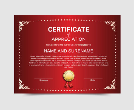 Luxury certificate of appreciation in deep red and gold ornate frame with certificate appreciation template achievement document academic