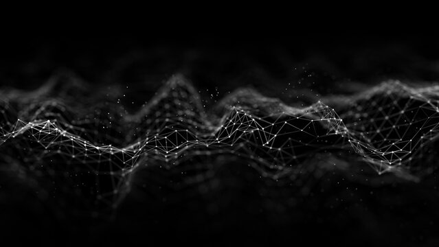 White digital wave on a dark background with glowing connection points, thin polygon lines and floating particles. Abstract technology image for data network, signal flow, artificial intelligence, com