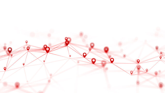 Red location pins connected by thin network lines on a white background with soft blurred markers and copy space. Abstract geolocation image for navigation, delivery route, logistics, mapping service 