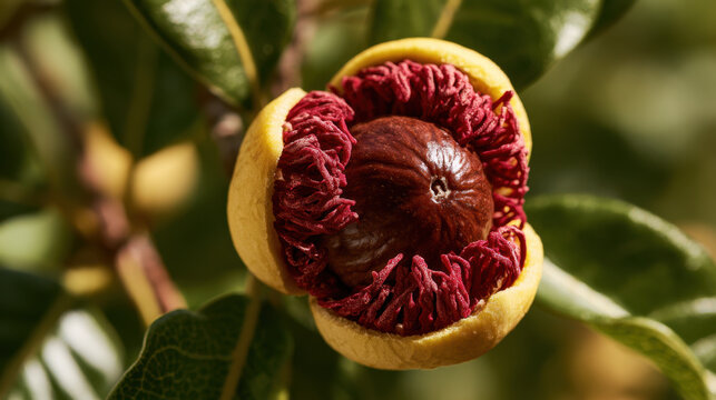 Ripe nutmeg fruit split open on a tree exposing a brown nutmeg seed surrounded by vivid red mace and yellow husk